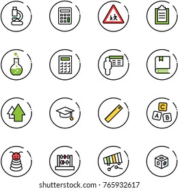 line vector icon set - lab vector, calculator, children road sign, clipboard, round flask, presentation, book, arrow up, graduate hat, ruler, abc cube, pyramid toy, abacus, xylophone