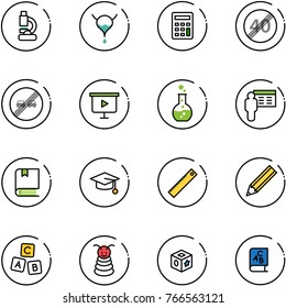 line vector icon set - lab vector, bladder, calculator, end speed limit road sign, overtake, presentation board, round flask, book, graduate hat, ruler, pencil, abc cube, pyramid toy