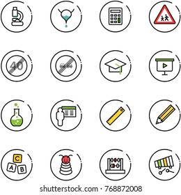 line vector icon set - lab vector, bladder, calculator, children road sign, end speed limit, overtake, graduate hat, presentation board, round flask, ruler, pencil, abc cube, pyramid toy, abacus