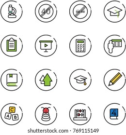 line vector icon set - lab vector, end speed limit road sign, overtake, graduate hat, clipboard, presentation board, calculator, book, arrow up, pencil, abc cube, pyramid toy, abacus