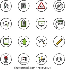 line vector icon set - lab vector, calculator, children road sign, end speed limit, graduate hat, clipboard, presentation board, book, arrow up, ruler, pyramid toy, abacus, xylophone, cube