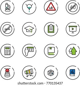 line vector icon set - lab vector, bladder, children road sign, end speed limit, overtake, graduate hat, clipboard, presentation board, calculator, book, arrow up, pyramid toy, xylophone, cube, abc