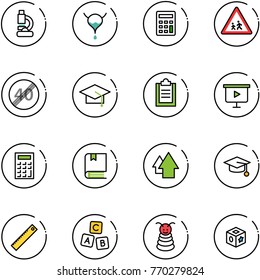 line vector icon set - lab vector, bladder, calculator, children road sign, end speed limit, graduate hat, clipboard, presentation board, book, arrow up, ruler, abc cube, pyramid toy