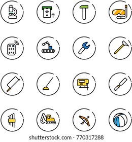 line vector icon set - lab vector, atm, work, diving, remote control, conveyor, wrench, mason hammer, metal hacksaw, hoe, jig saw, rasp, allen key set, excavator toy, bow, basketball