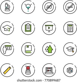 line vector icon set - lab vector, bladder, end speed limit road sign, overtake, graduate hat, clipboard, presentation board, calculator, book, arrow up, ruler, pyramid toy, abacus, cube