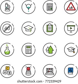 line vector icon set - lab vector, bladder, calculator, children road sign, end speed limit, graduate hat, clipboard, presentation board, round flask, arrow up, abc cube, pyramid toy, abacus, book