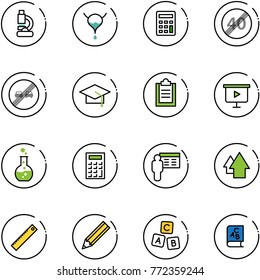 line vector icon set - lab vector, bladder, calculator, end speed limit road sign, overtake, graduate hat, clipboard, presentation board, round flask, arrow up, ruler, pencil, abc cube, book