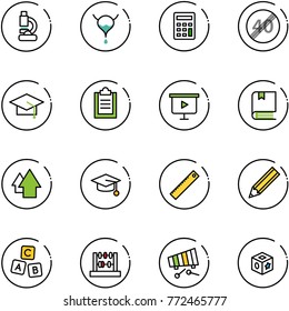 line vector icon set - lab vector, bladder, calculator, end speed limit road sign, graduate hat, clipboard, presentation board, book, arrow up, ruler, pencil, abc cube, abacus, xylophone, toy