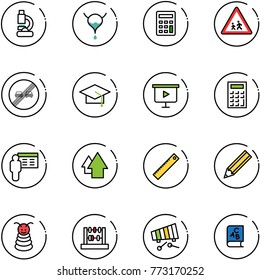 line vector icon set - lab vector, bladder, calculator, children road sign, end overtake limit, graduate hat, presentation board, arrow up, ruler, pencil, pyramid toy, abacus, xylophone, abc book