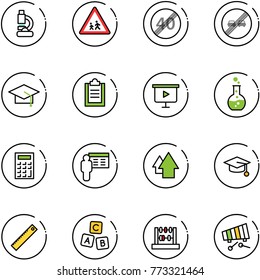 line vector icon set - lab vector, children road sign, end speed limit, overtake, graduate hat, clipboard, presentation board, round flask, calculator, arrow up, ruler, abc cube, abacus, xylophone
