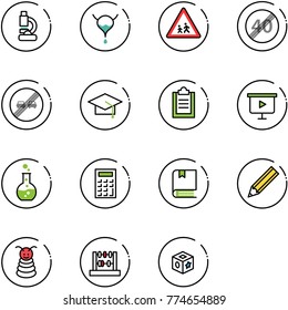 line vector icon set - lab vector, bladder, children road sign, end speed limit, overtake, graduate hat, clipboard, presentation board, round flask, calculator, book, pencil, pyramid toy, abacus