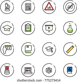 line vector icon set - lab vector, calculator, children road sign, end speed limit, graduate hat, clipboard, presentation board, round flask, book, ruler, pyramid toy, abacus, cube, abc