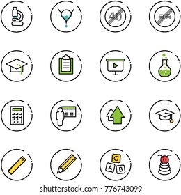 line vector icon set - lab vector, bladder, end speed limit road sign, overtake, graduate hat, clipboard, presentation board, round flask, calculator, arrow up, ruler, pencil, abc cube, pyramid toy