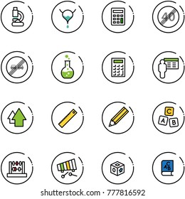 line vector icon set - lab vector, bladder, calculator, end speed limit road sign, overtake, round flask, presentation, arrow up, ruler, pencil, abc cube, abacus, xylophone, toy, book