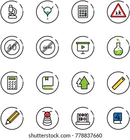line vector icon set - lab vector, bladder, calculator, children road sign, end speed limit, overtake, presentation board, round flask, book, arrow up, ruler, pencil, pyramid toy, abacus, abc
