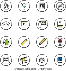 line vector icon set - lab vector, bladder, calculator, end overtake limit road sign, graduate hat, presentation board, book, arrow up, ruler, pencil, pyramid toy, abacus, xylophone, cube, abc