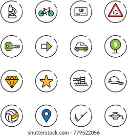 line vector icon set - lab vector, bike, credit card, round motion road sign, key, right arrow, car, money tree, diamond, starfish, pool, cap, volleyball, navigation pin, scythe, jack