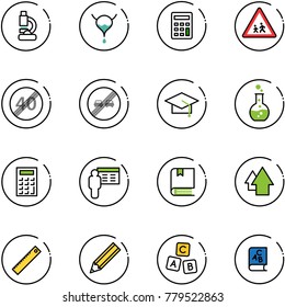line vector icon set - lab vector, bladder, calculator, children road sign, end speed limit, overtake, graduate hat, round flask, presentation, book, arrow up, ruler, pencil, abc cube