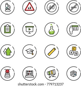 line vector icon set - lab vector, children road sign, end speed limit, overtake, clipboard, presentation board, round flask, arrow up, graduate hat, ruler, abc cube, pyramid toy, abacus, xylophone