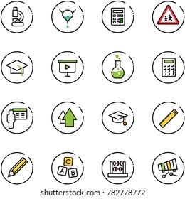 line vector icon set - lab vector, bladder, calculator, children road sign, graduate hat, presentation board, round flask, arrow up, ruler, pencil, abc cube, abacus, xylophone