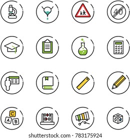 line vector icon set - lab vector, bladder, children road sign, end speed limit, graduate hat, clipboard, round flask, calculator, presentation, book, ruler, pencil, abc cube, abacus, xylophone, toy