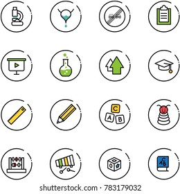 line vector icon set - lab vector, bladder, end overtake limit road sign, clipboard, presentation board, round flask, arrow up, graduate hat, ruler, pencil, abc cube, pyramid toy, abacus, xylophone
