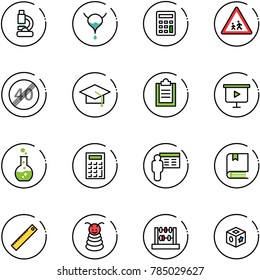 line vector icon set - lab vector, bladder, calculator, children road sign, end speed limit, graduate hat, clipboard, presentation board, round flask, book, ruler, pyramid toy, abacus, cube