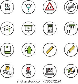 line vector icon set - lab vector, bladder, children road sign, end overtake limit, graduate hat, presentation board, calculator, book, arrow up, ruler, pencil, abc cube, pyramid toy, abacus