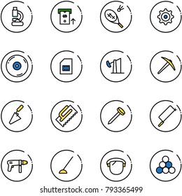 line vector icon set - lab vector, atm, badminton, gear, cd, sim, oil derrick, axe, trowel, nail, metal hacksaw, drill machine, hoe, protect glass, billiards balls