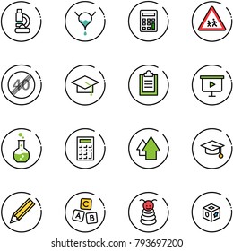 line vector icon set - lab vector, bladder, calculator, children road sign, end speed limit, graduate hat, clipboard, presentation board, round flask, arrow up, pencil, abc cube, pyramid toy