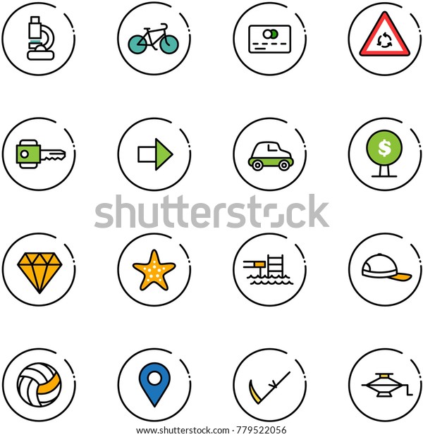 line vector\
icon set - lab vector, bike, credit card, round motion road sign,\
key, right arrow, car, money tree, diamond, starfish, pool, cap,\
volleyball, navigation pin, scythe,\
jack