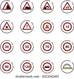 line vector icon set - landslide vector road sign, climb, embankment, children, railway intersection, attention, no dangerous cargo, speed limit 10, 30, 50, 70, 80, 90, 120, bus, construction helmet