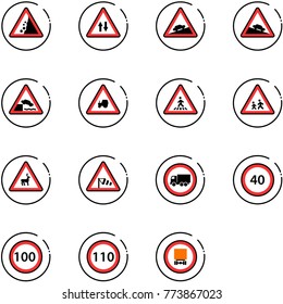 line vector icon set - landslide vector road sign, oncoming traffic, climb, steep descent, embankment, tractor way, pedestrian, children, wild animals, side wind, no truck, speed limit 40, 100, 110