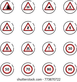 line vector icon set - landslide vector road sign, oncoming traffic, tractor way, pedestrian, intersection, narrows, attention, speed limit 30, 50, 70, 80, 90
