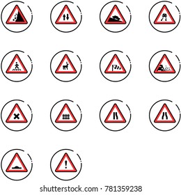line vector icon set - landslide vector road sign, oncoming traffic, steep descent, slippery, pedestrian, wild animals, side wind, gravel, railway intersection, narrows, artificial unevenness