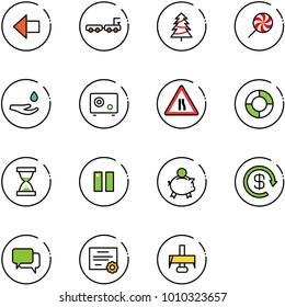line vector icon set - left arrow vector, baggage truck, christmas tree, lollipop, drop hand, safe, Road narrows sign, lifebuoy, sand clock, pause, piggy bank, dollar reload, dialog, certificate