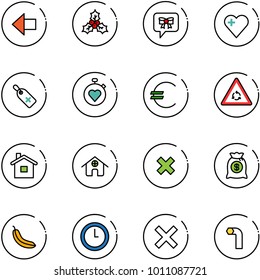 line vector icon set - left arrow vector, holly, bow message, heart, medical label, stopwatch, euro, round motion road sign, home, delete cross, money bag, banana, clock, allen key