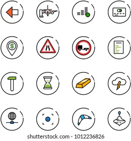 line vector icon set - left arrow vector, boarding passengers, coin, credit card, dollar pin, Road narrows sign, no trailer, document, work, sand clock, gold, storm, globe, record button, boomerang