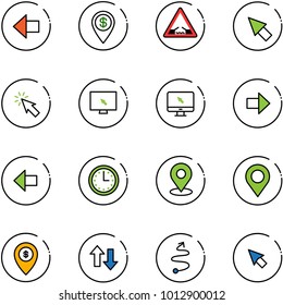 line vector icon set - left arrow vector, dollar pin, drawbridge road sign, cursor, monitor, right, time, map, atm, up down arrows, trip
