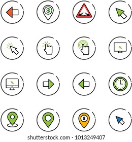 line vector icon set - left arrow vector, dollar pin, drawbridge road sign, cursor, hand touch, monitor, right, time, map, atm