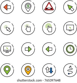 line vector icon set - left arrow vector, dollar pin, drawbridge road sign, cursor, hand touch, monitor, right, time, map, atm, up down arrows, trip