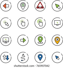 line vector icon set - left arrow vector, dollar pin, drawbridge road sign, cursor, hand touch, monitor, right, map, atm, up down arrows, trip, navigation