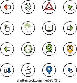 line vector icon set - left arrow vector, dollar pin, drawbridge road sign, cursor, hand touch, monitor, right, time, map, atm, up down arrows, trip, navigation