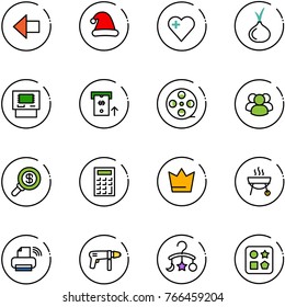 line vector icon set - left arrow vector, christmas hat, heart, onion, atm, film coil, group, search money, calculator, crown, grill, printer wireless, drill machine, baby carousel, cube hole toy