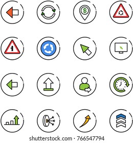 line vector icon set - left arrow vector, exchange, dollar pin, round motion road sign, intersection, circle, cursor, monitor, uplooad, user login, clock around, growth, solution, chevron