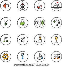 line vector icon set - left arrow vector, christmas ball, wine, mountains, yen, user login, group, undo, music, paper fly, success, pennant, money managemet, laser, sailboat toy, train