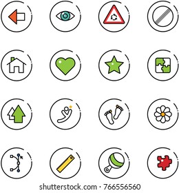 line vector icon set - left arrow vector, eye, round motion road sign, no limit, home, heart, star, puzzle, up, flying man, feet, flower, bezier, ruler, beanbag
