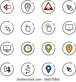line vector icon set - left arrow vector, dollar pin, drawbridge road sign, cursor, hand touch, monitor, time, map, atm, up down arrows, trip, navigation