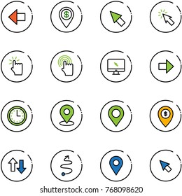 line vector icon set - left arrow vector, dollar pin, cursor, hand touch, monitor, right, time, map, atm, up down arrows, trip, navigation