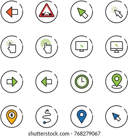 line vector icon set - left arrow vector, drawbridge road sign, cursor, hand touch, monitor, right, time, map pin, atm, trip, navigation